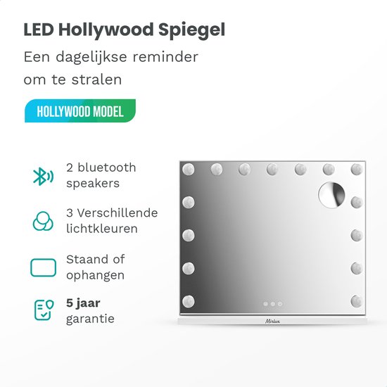 Mirlux LED Hollywood spiegel met 2 Bluetooth speakers, 3 lichtkleuren en 5 jaar garantie.