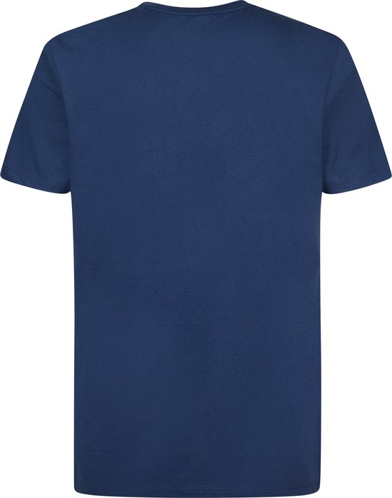 Marineblauw t-shirt met korte mouwen en een ronde hals, achterkant.