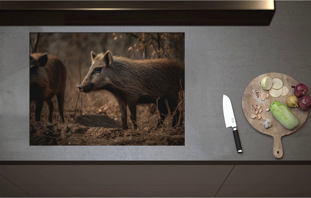 Inductieplaat Beschermer - Bruine zwijnen in een bos omgeving - 75x55 cm - 2 mm Dik - Inductie Beschermer - Bescherming Inductiekookplaat - Kookplaat Beschermer van Zwart Vinyl