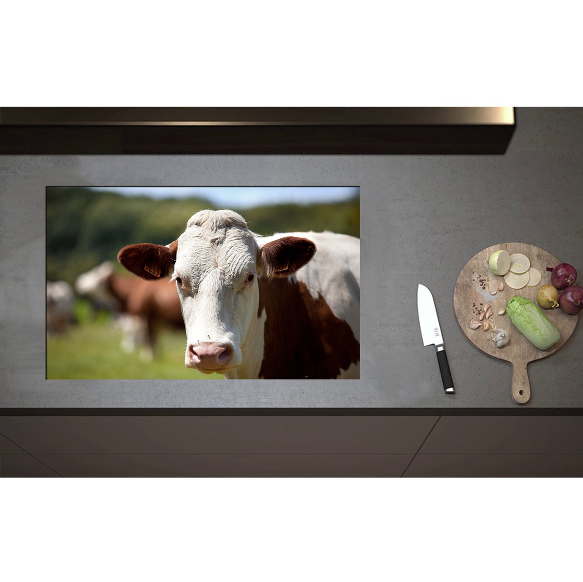 Inductieplaat Beschermer - Bruin met Witte Koe bij Andere Koeien in de Wei - 80x50 cm - 2 mm Dik - Inductie Beschermer - Bescherming Inductiekookplaat - Kookplaat Beschermer van Zwart Vinyl