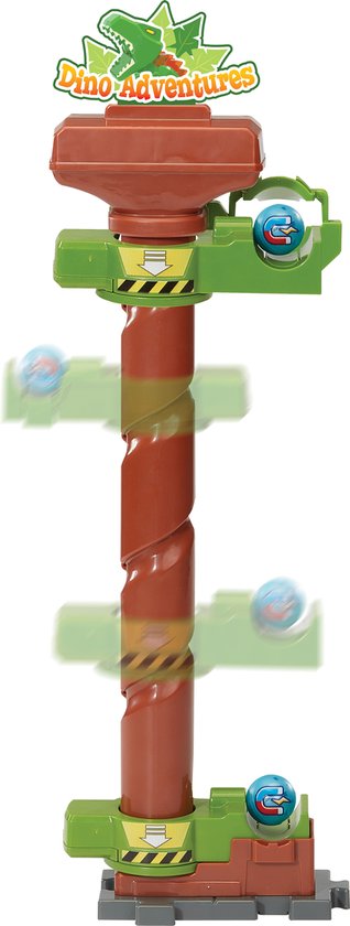 Groene en bruine dinosaurus knikkerbaan toren met 'Dino Adventures' logo en bewegende knikkers.