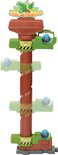 Groene en bruine dinosaurus knikkerbaan toren met 'Dino Adventures' logo en bewegende knikkers.