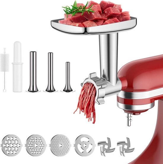 Vleesmolen-opzetstuk voor KitchenAid blender - inclusief 3 worstvulhoorns, 2 slijpmessen, 4 maalschijven - gemakkelijk te monteren met reinigingsborstel