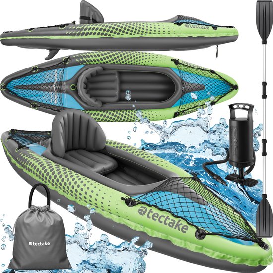 tectake® - Opblaasbare Kajak - Opblaasbare Kano voor 1 persoon met dubbele peddel en accessoires - Zitje, pomp, transporttas - Watersport - Roeiboot