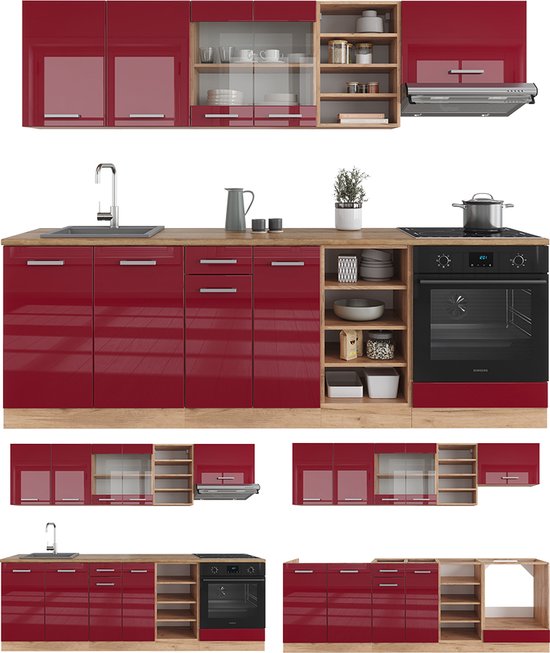 Meuble de cuisine complet Vicco R- Line, Bordeaux brillant/chêne doré/chêne puissant doré, 240 cm sans plan de travail