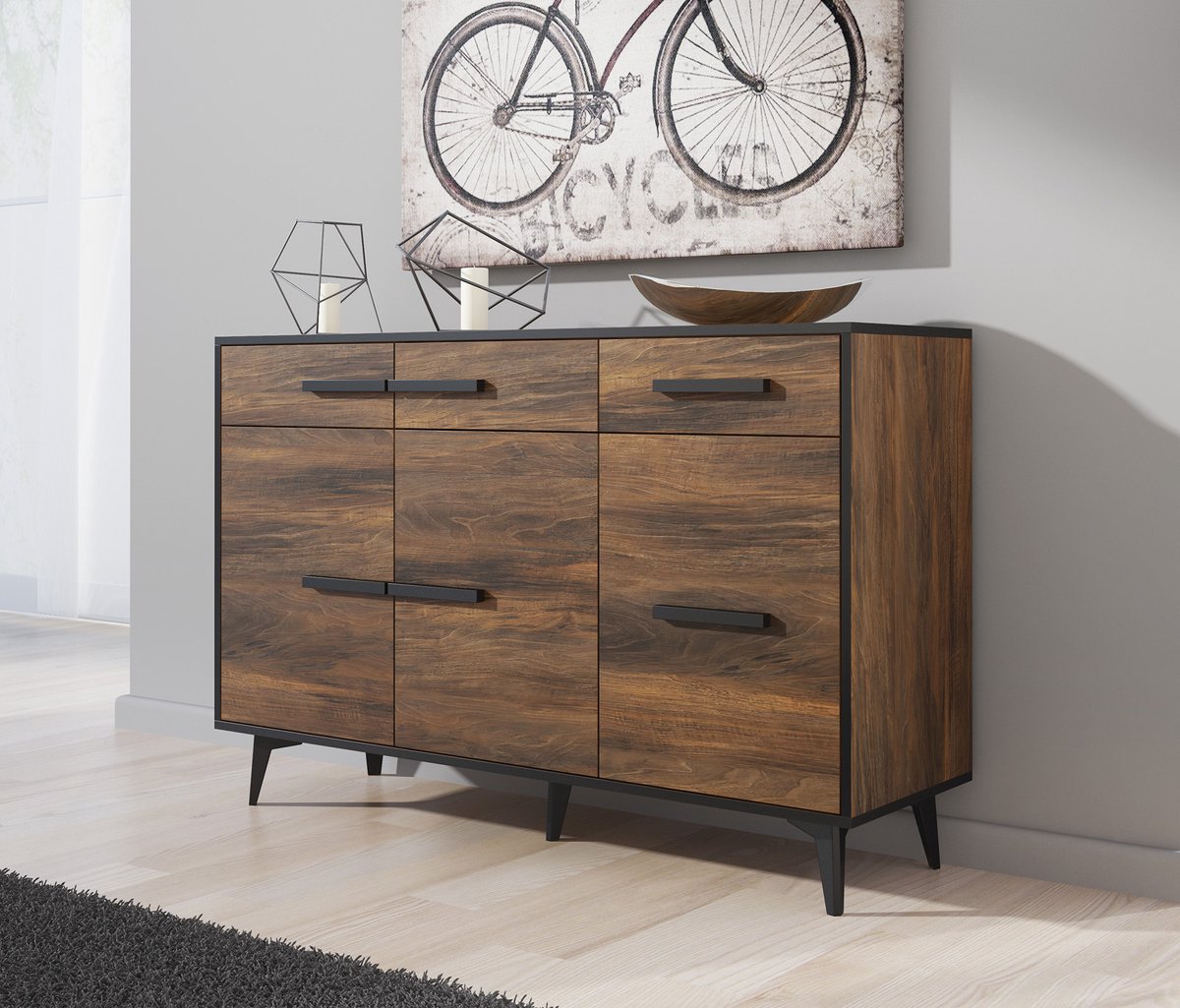 Meubella - Dressoir Frey - Donker eiken - Zwart - 135 cm