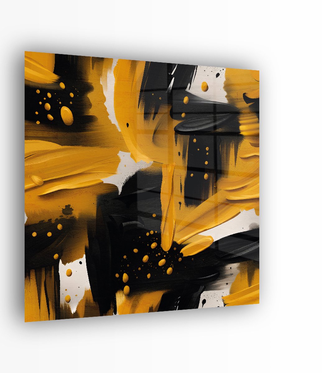 Indoorart - Glasschilderij Abstract zwart met geel 100x100 CM - Afbeelding op plexiglas - Inclusief montagemateriaal