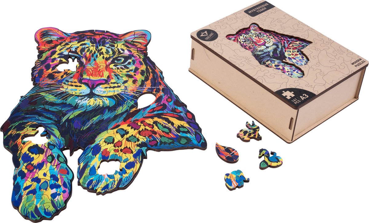 Houten Puzzel Tijger – 161 Unieke Puzzelstukjes – A3 Formaat Grote Houten Legpuzzel – Dieren Puzzelspel – Uitdagend Denkspel – Inclusief Opbergetui – Engelhart — afbeelding 6