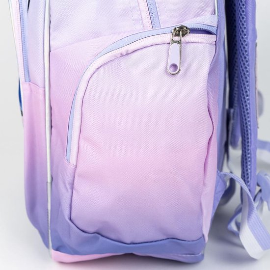 Côté d'un sac à dos pastel avec une poche zippée et la transition de couleur dégradé.