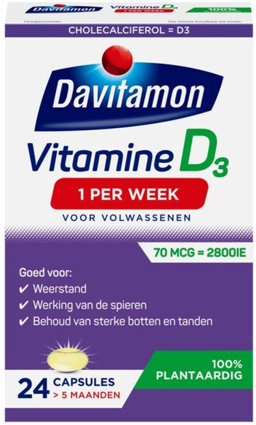 Davitamon Vitamine D - 1 per week - 100% plantaardig - Vegan supplement – Voedingssupplement - 24 capsules