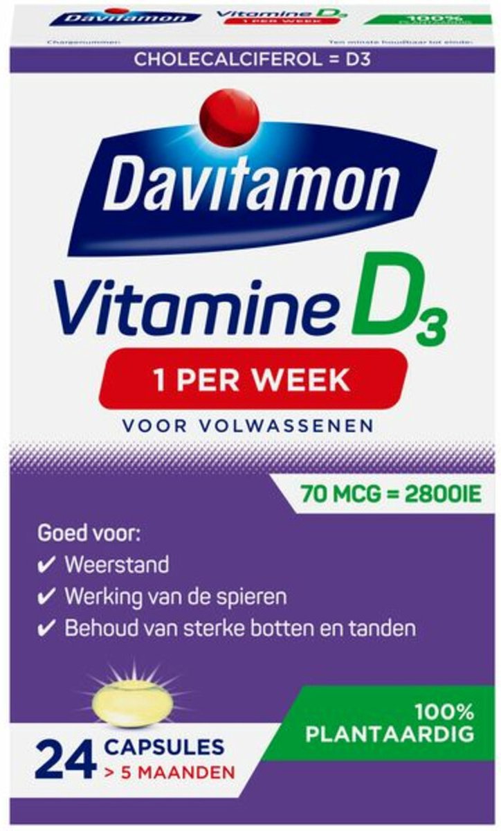 Davitamon Vitamine D - 1 per week - 100% plantaardig  - Vegan – Voedingssupplement - 24 capsules