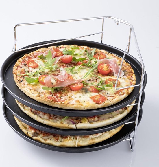GRÄWE 4-delige set Pizza-bakplaat 40 cm, rond, Pizzaplaat van blauwe plaat, hittebestendig tot 400 °C, ongecoat, gemaakt in Duitsland