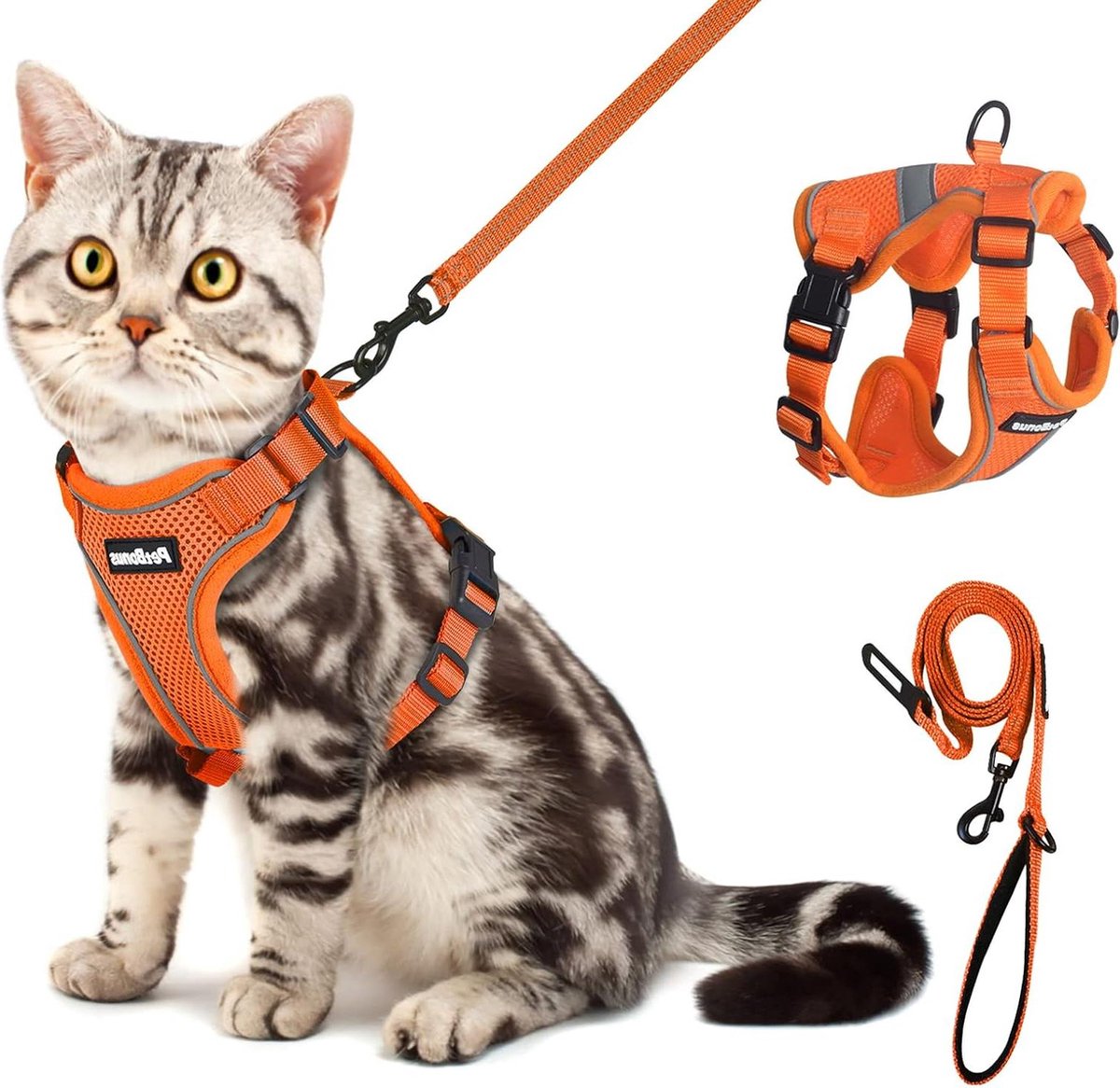 Verstelbaar ontsnappingsbestendig ademend kattentuigje voor wandelen – eenvoudig aan te doen – reflecterende riem – jasje – kat poes (oranje, small)