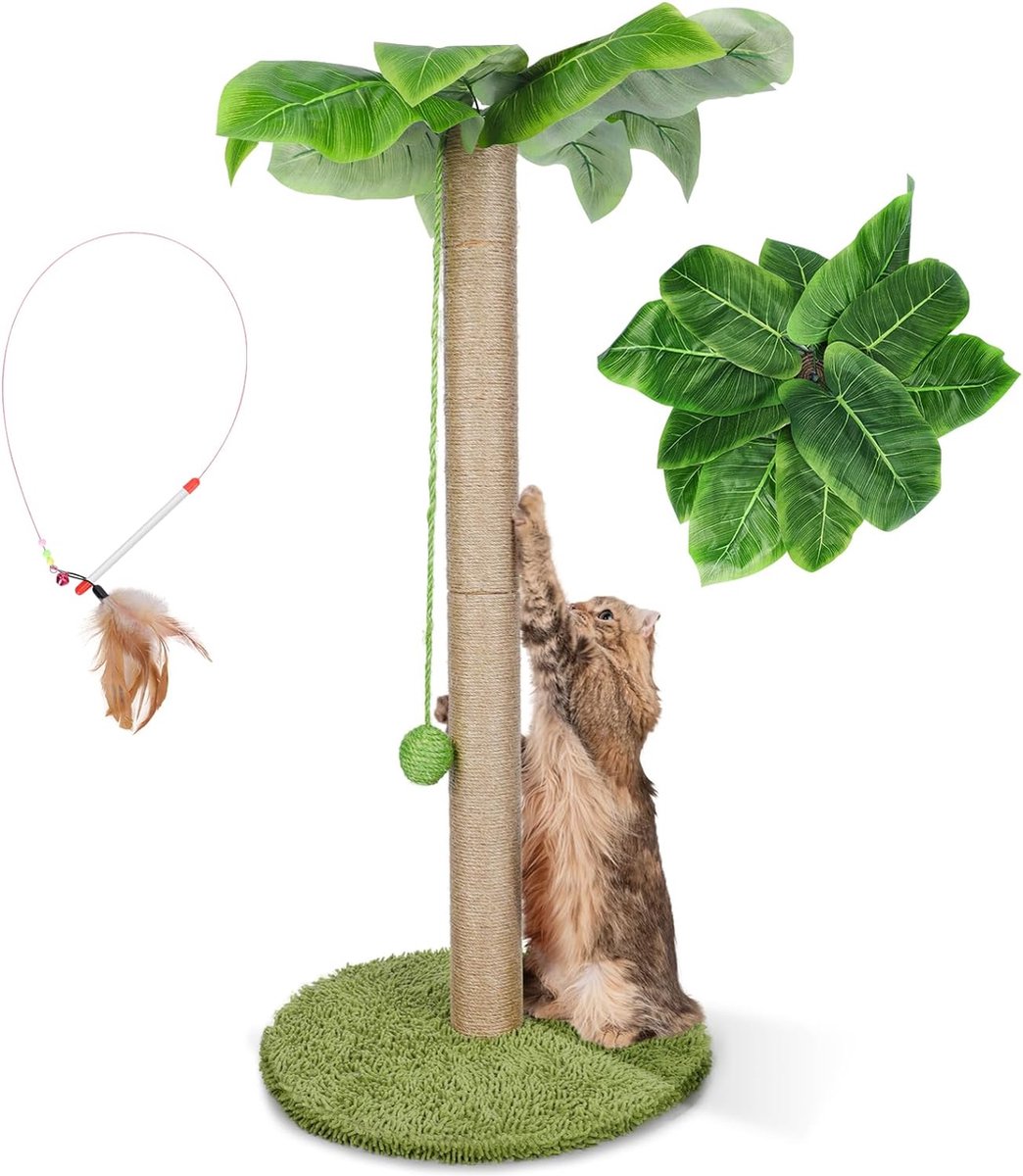 Krabpaal voor katten, natuurlijk sisaltouw krabpaal met gesimuleerde bladeren, 85 cm hoge krabpaal met 1 interactieve hangende ballen, stam met kattenveren
