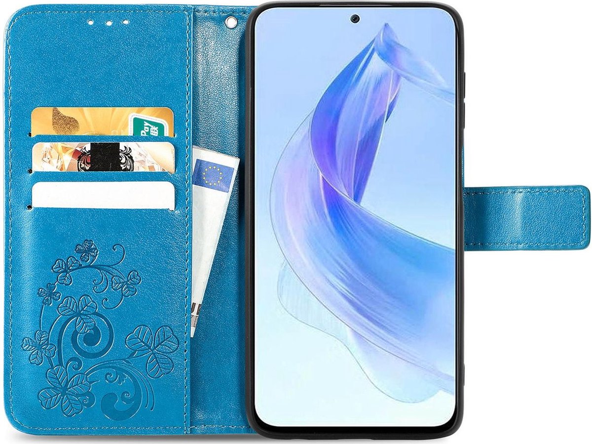Mobigear Telefoonhoesje geschikt voor Honor 90 Lite Hoesje | Mobigear Clover Bookcase Portemonnee | Pasjeshouder voor 3 Pasjes | Telefoonhoesje voor Pinpas / OV Kaart / Rijbewijs - Blauw