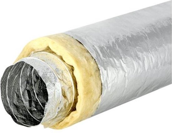 Conduit de ventilation isolé avec revêtement extérieur argenté et isolation jaune visible à l'intérieur.