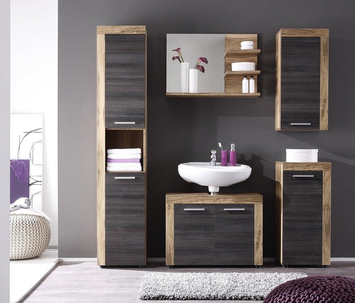 Badkamerkasten hoog Notenboom Satijn - Cancun Boom badkamerkast commode 36 x 81 x 31 cm - 