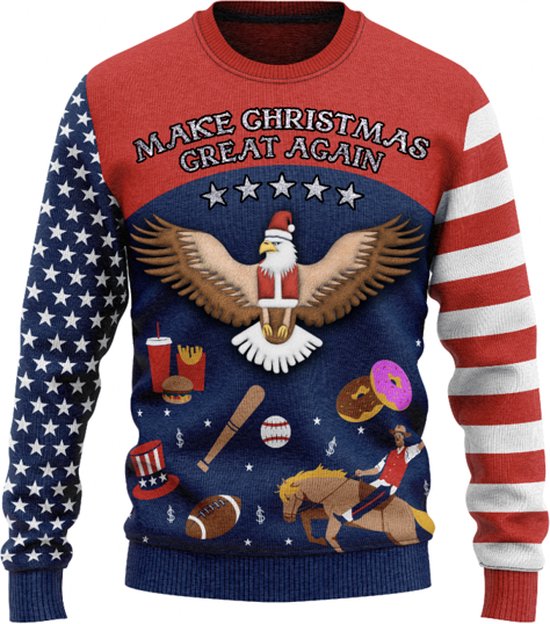 JAP Christmas Around the World Kersttrui (maat S) - 100% Gerecycled - Kriebelt niet - Kerstcadeau volwassenen - Foute Kersttrui dames en heren - Amerika - Rood/Wit/Blauw