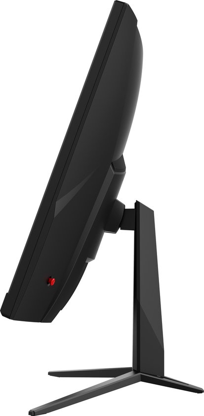 Zijaanzicht van een zwarte, gebogen MSI monitor met een rode aan/uit-knop.