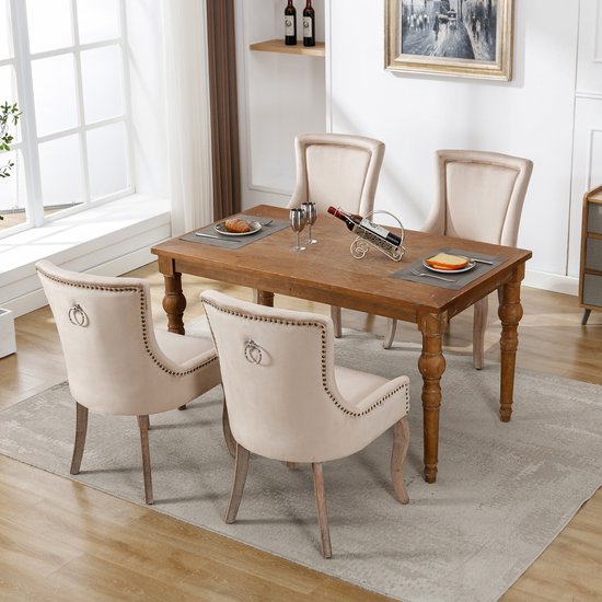 Chaises de salle à manger de Luxe Sweiko (chaises de cuisine, chaises de salon, 4 pièces), chaises rembourrées avec têtes de clous, pieds en bois massif, housses en velours, Beige (pas de table)