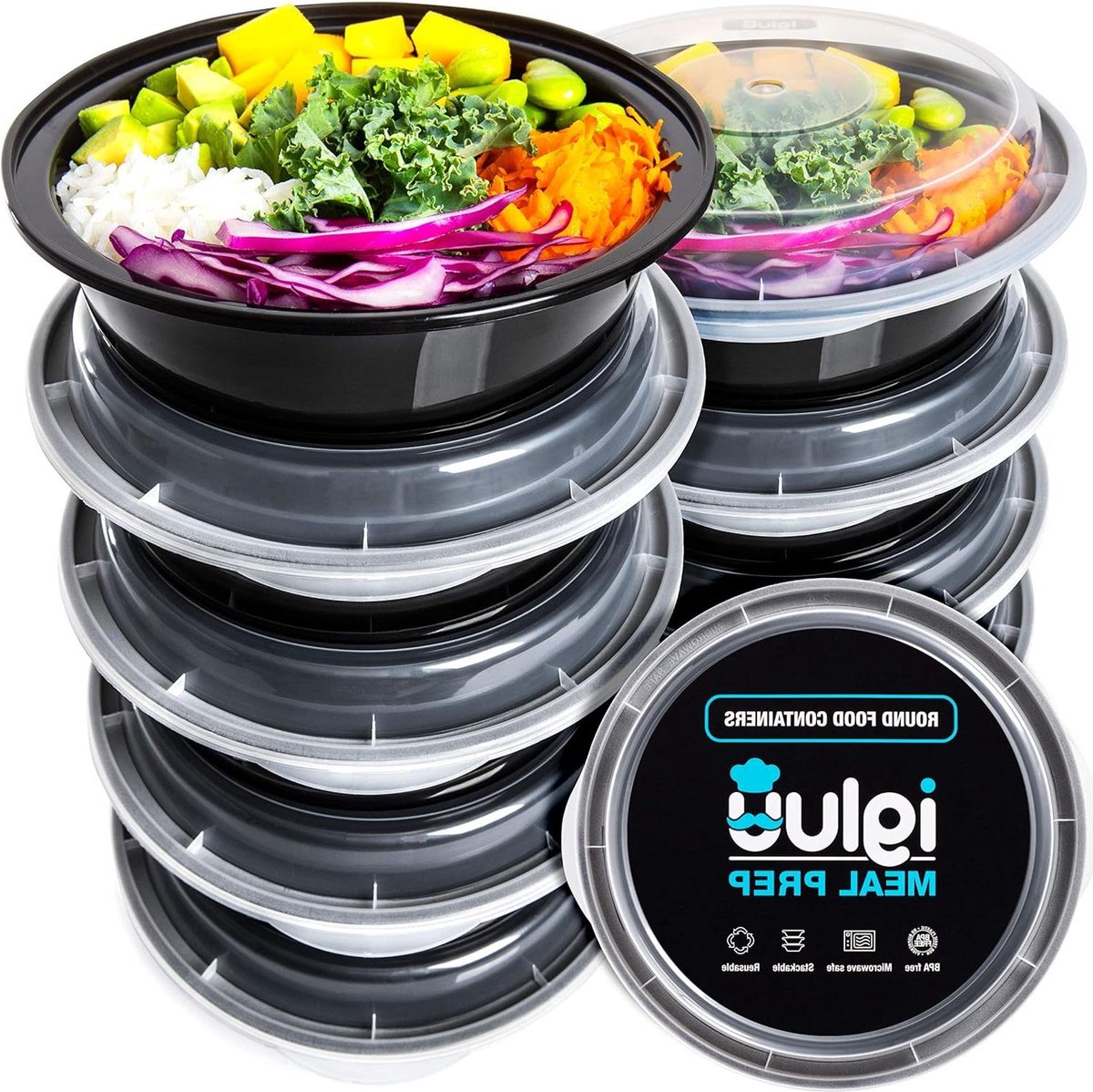 Ronde Plastic Meal Prep Containers met Luchtdichte Deksels Magnetron Vriezer en Vaatwasserbestendig Ideale Stapelbare Salade Schalen Herbruikbaar BPA-vrij Set van 10 (828 ml) Meal prep bakjes