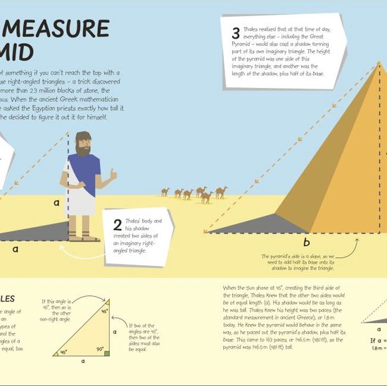 Een illustratie toont een man die duimt, met een piramide en kamelen op de achtergrond.