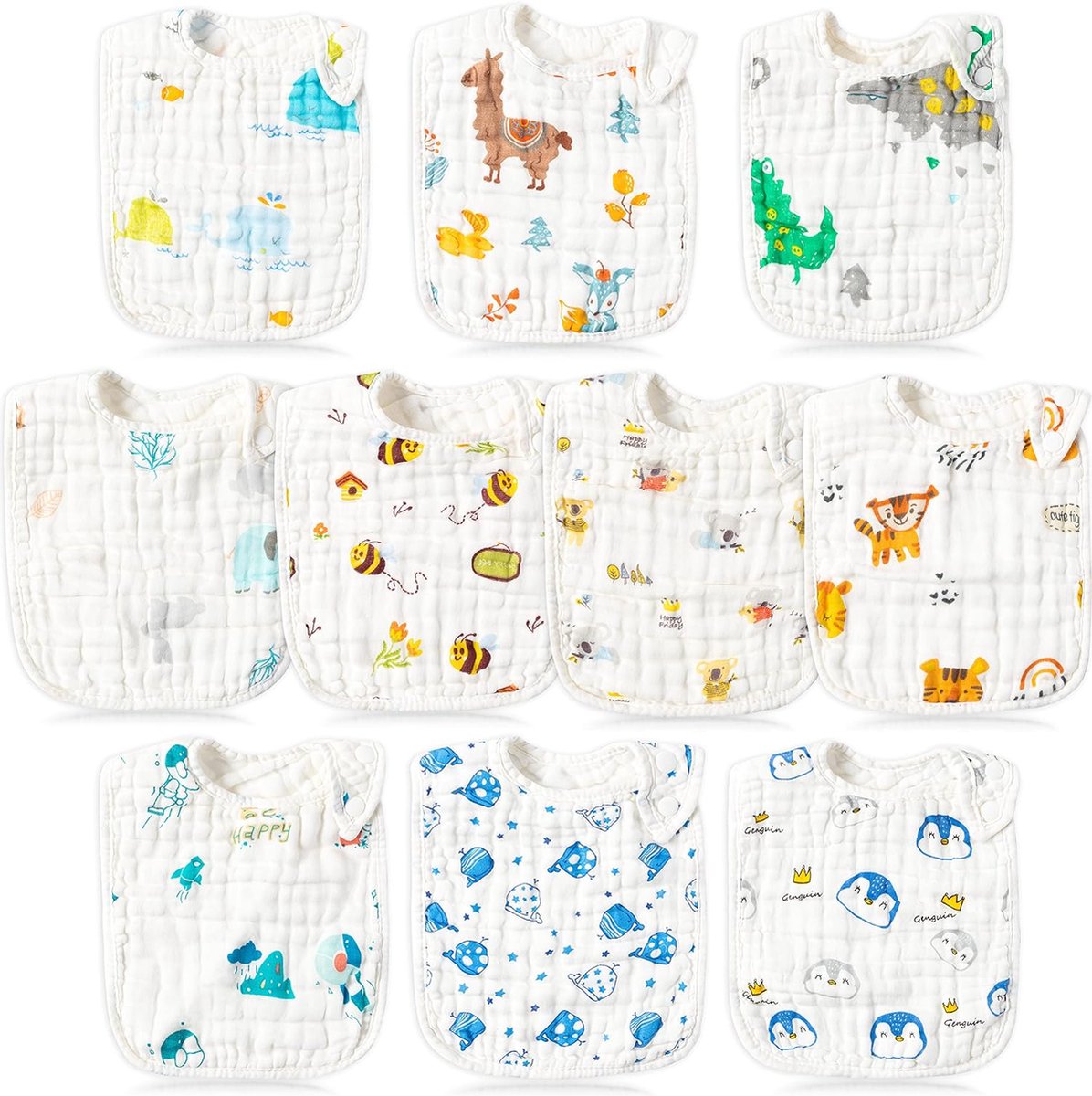 Goedkoopste 10 stuks babyslabbetjes, katoenen newborns sabber absorberende slabbetjes met verstelbare drukknopen, zachte ademende doeken voor babytanden, voeding, spenen (0-36 maanden