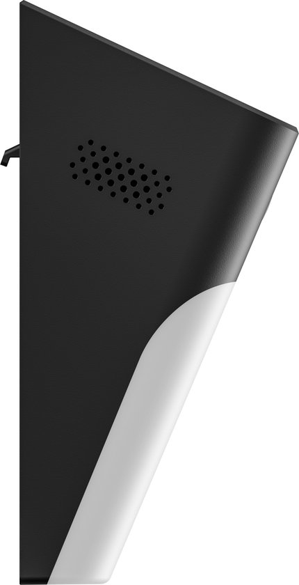 Zijaanzicht van de zwarte en witte Eufy Security solar wandlamp camera met ventilatieopeningen.