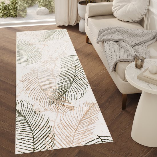 Tapiso Tapis de couloir en Crystal avec feuilles beiges à poils courts - Taille : 70 x 150