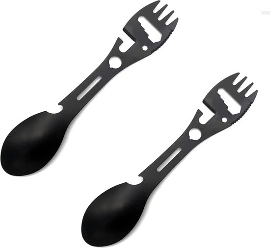 Foto: Multifunctionele 10 in 1 tactische spork 2 stuks roestvrijstalen lepel vork mes flesopener afneembaar servies voor camping en wandelen zwart 