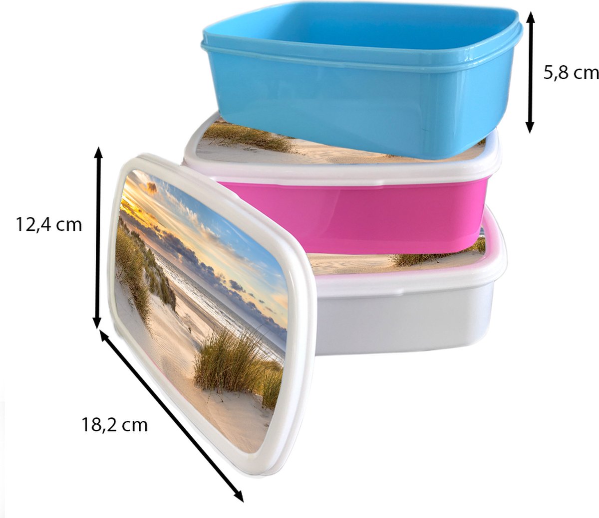 Broodtrommel Wit - Lunchbox Strand - Duin - Gras - Zonsondergang - Zee - Brooddoos 18x12x6 cm - Brood lunch box - Broodtrommels voor kinderen en volwassenen