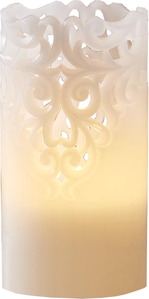 Star Trading Kaars Clary, zuilkaars, ornament, wit, LED, timer, warm wit, 15 cm natuurlijk wit