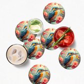 Sous-verres pour verres - Rond - Martin-pêcheur - Fleur - Nature - Vogels - Fleurs - 10x10 cm - Sous-verres en verre - 6 pièces