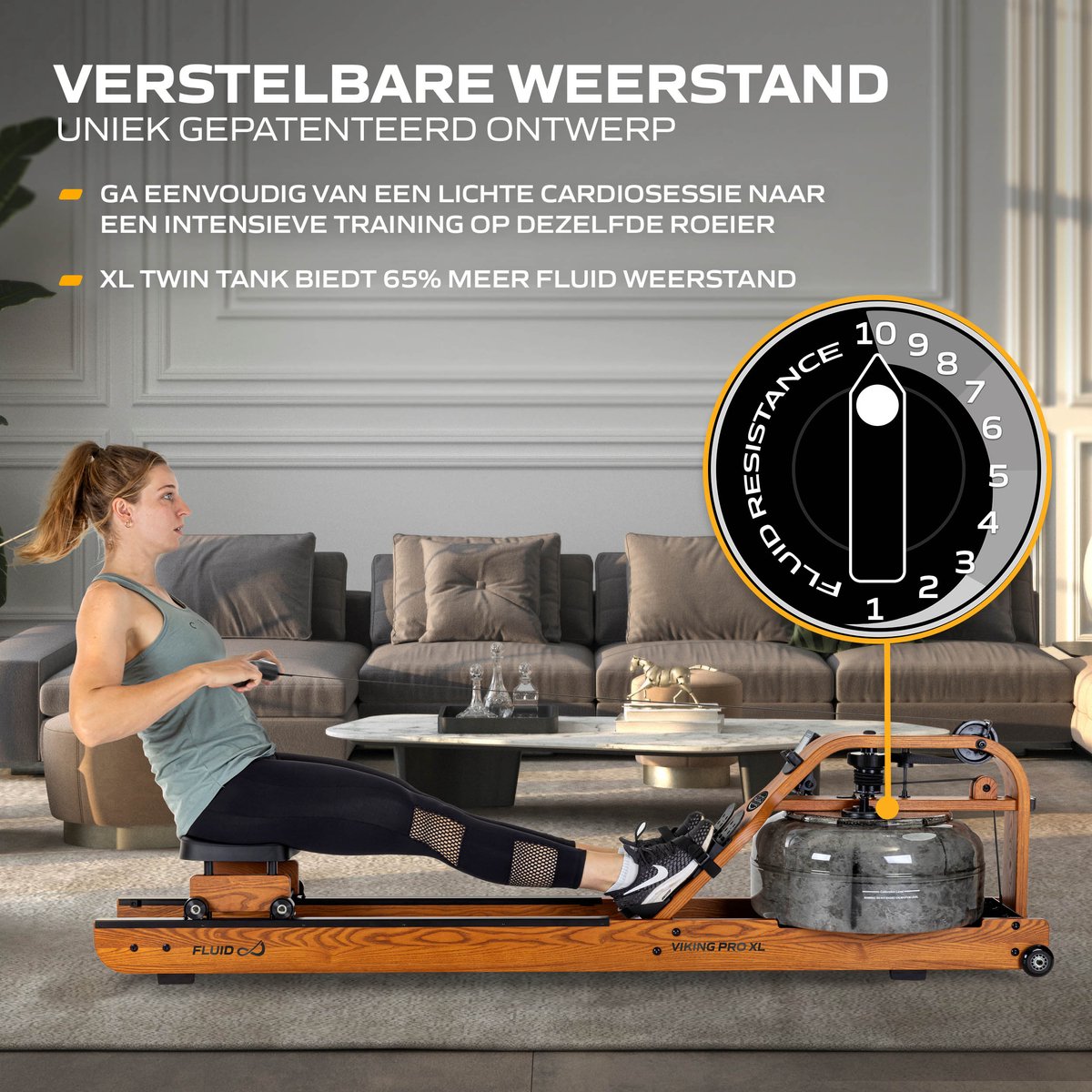 Afbeelding 3 van Fluid Rower Viking Pro XL Roeitrainer - Opklapbaar - Roeimachine met 10 weerstanden - Roeiapparaat voor thuis - Bluetooth - Verstelbaar - Water weerstand - Inclusief hartslagfunctie