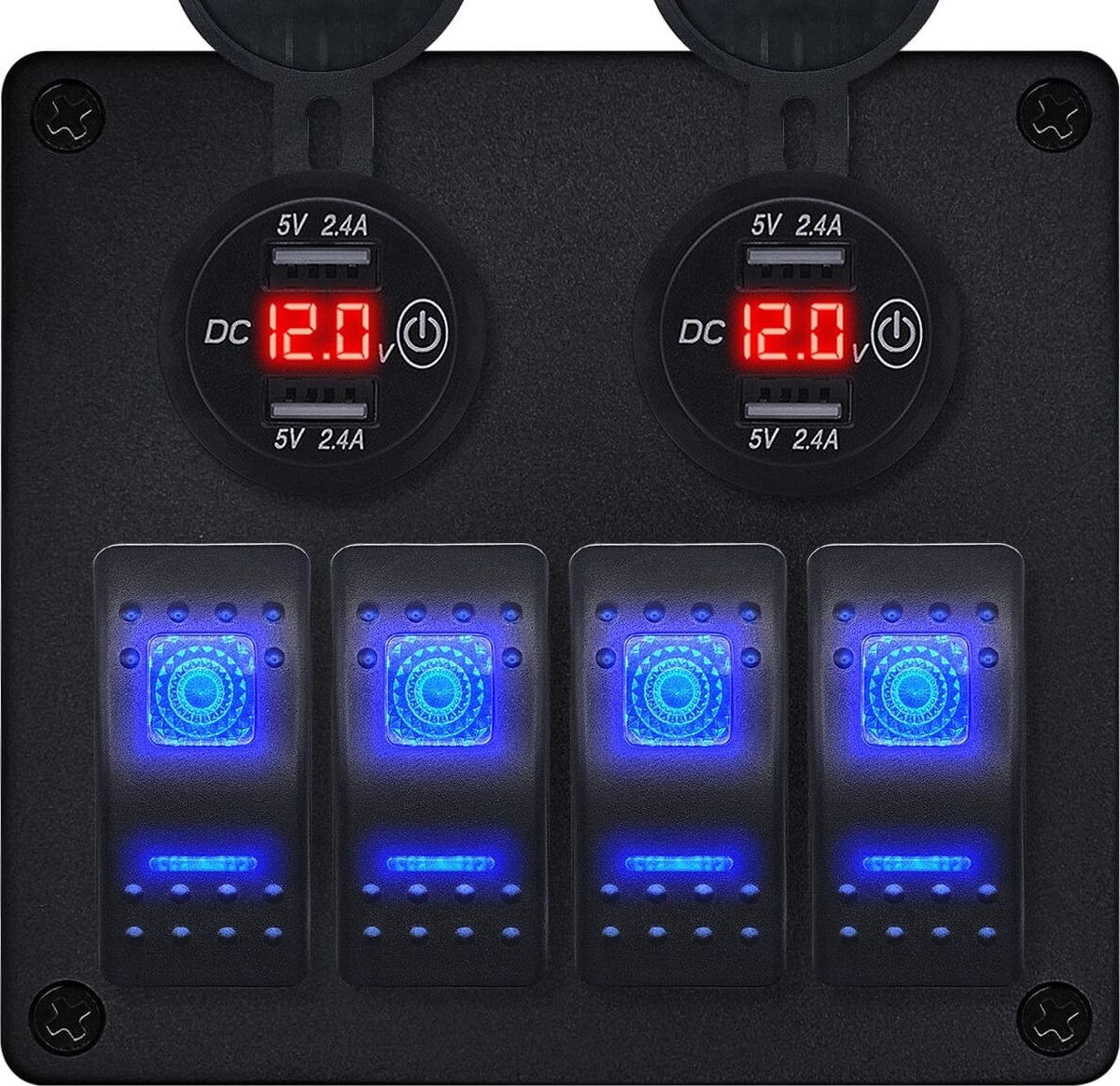 ProRide Schakelpaneel 12V voor Auto/Boot - USB Stopcontact 4 Poorten met Schakelaar/Voltmeter - 5V/2.4A - 4 schakelaars - Rood
