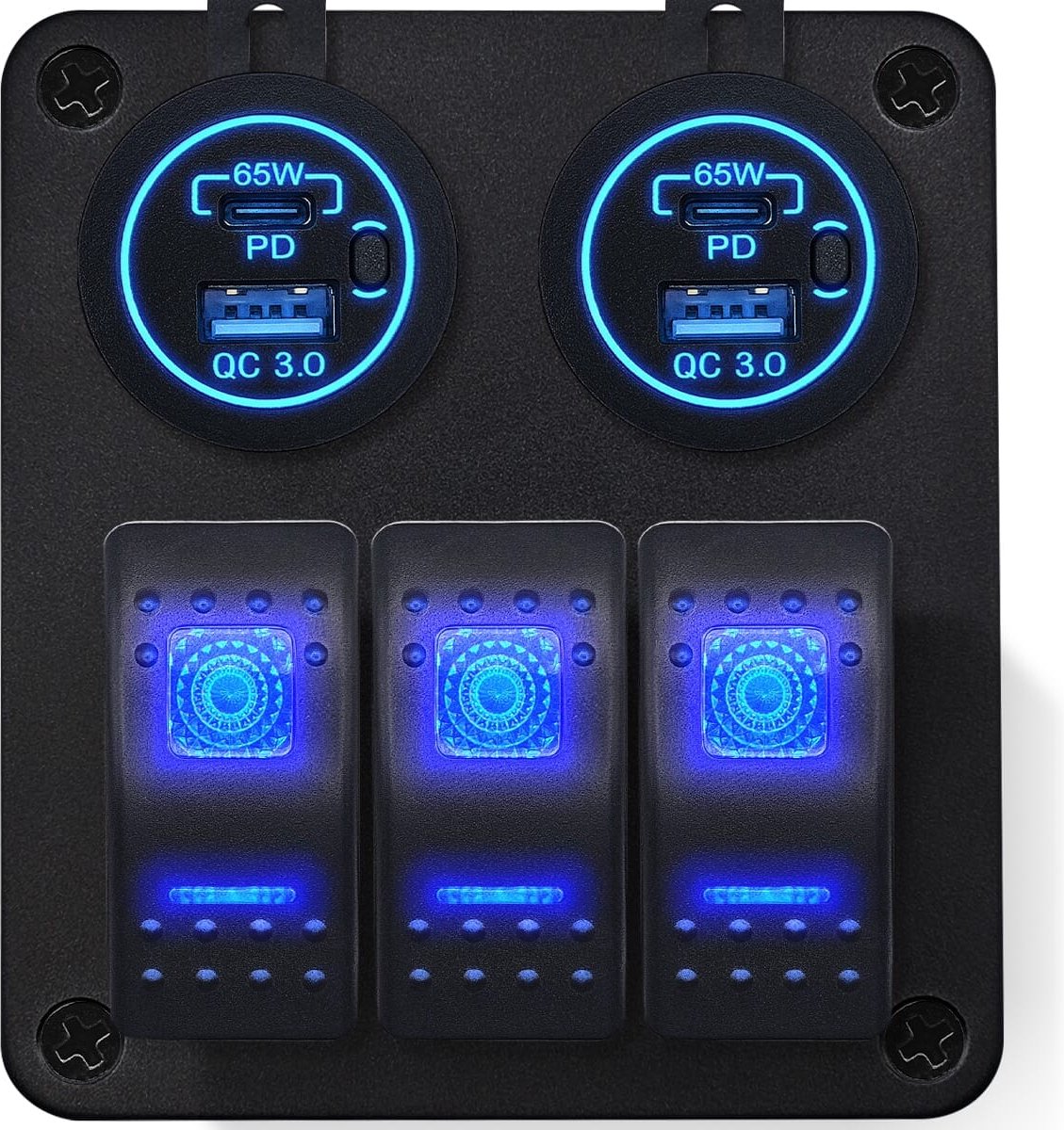 ProRide Schakelpaneel 12V voor Auto/Boot - USB/USB C Stopcontact 4 Poorten met Schakelaar - 65W - QC3.0 - 3 schakelaars - Blauw