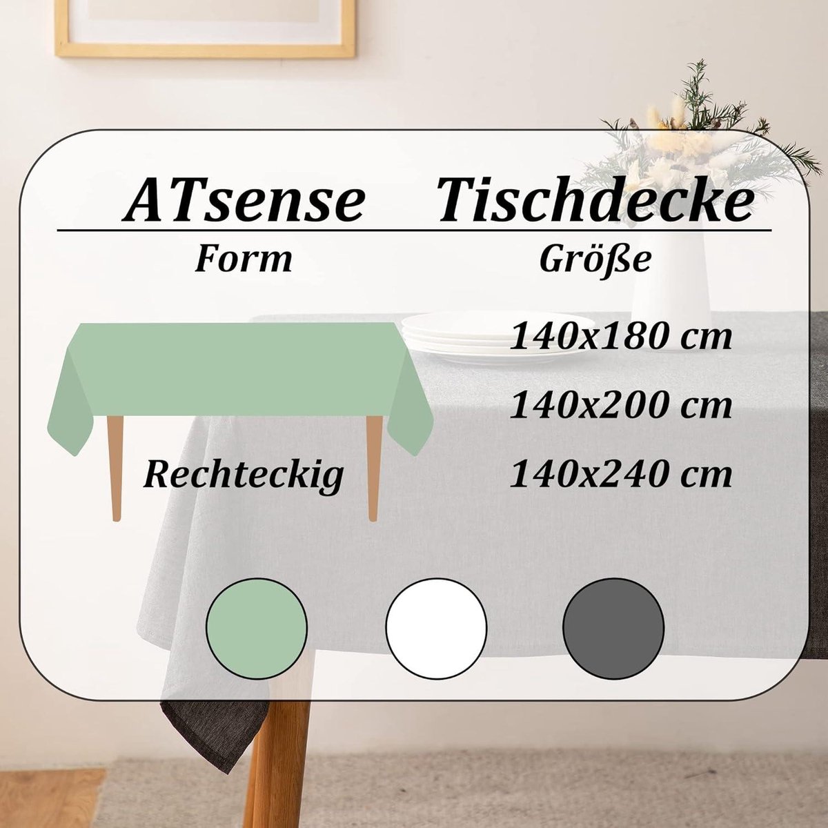 Groen tafelkleed linnenlook - 100% gewassen katoen - rechthoekig 140 x 240 cm