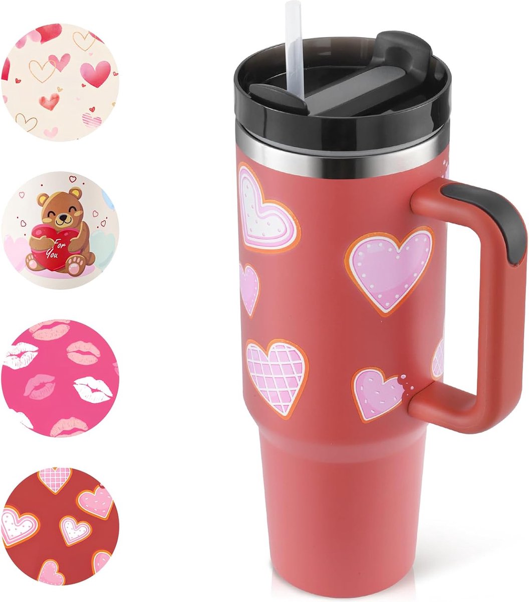 Goedkoopste Thermobeker met rietje en handvat, 1180 ml, roestvrij staal, voor warme en koude dranken, vacuüm drinkbeker, cadeau voor vrouwen, geliefden, vrienden, rood