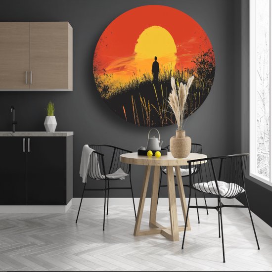 Zonsondergang muurdecoratie rond - Natuur wandcirkel - Schilderij rond Silhouet - Wanddecoratie kinderkamer - Wandbord - Kantoor decoratie muurcirkel forex 70x70 cm