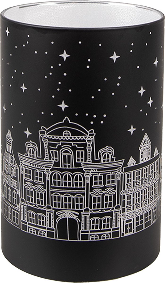 Waxinelichthouder met LED Ø 9x16 cm Zwart Glas