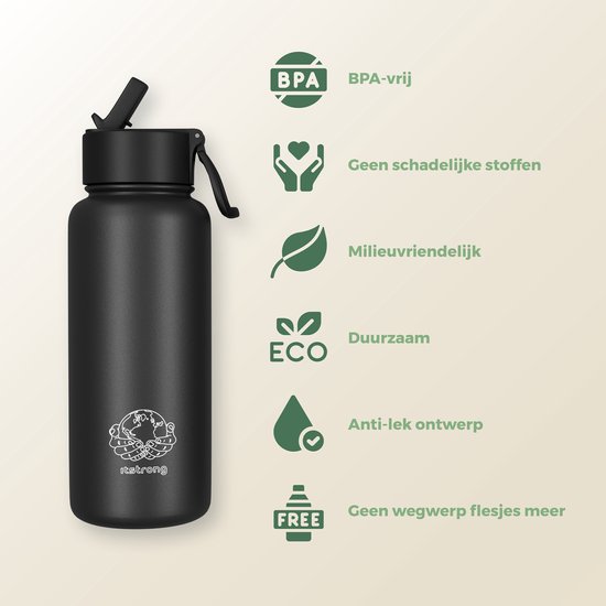 Bouteille isotherme Itstrong® avec paille - Gourde 700 ml - Gourde avec bouchon Extra - Bouteille isotherme - Acier inoxydable à double paroi - Anti-fuite - Zwart