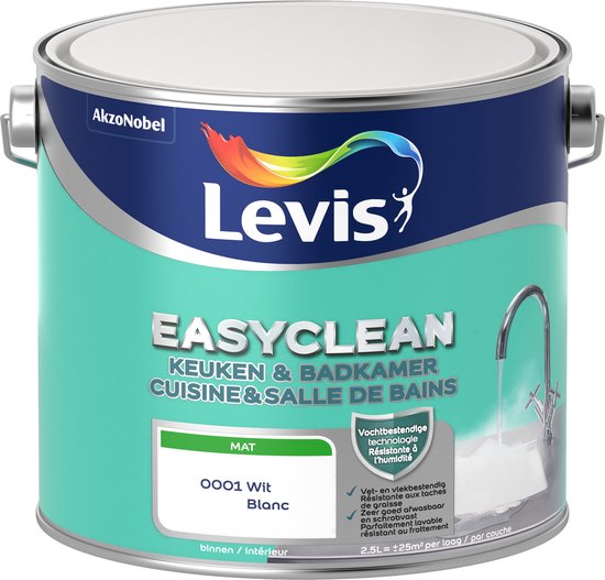Boîte de peinture Levis Easyclean blanc mat. Technologie résistante à l'humidité pour cuisine et salle de bain.