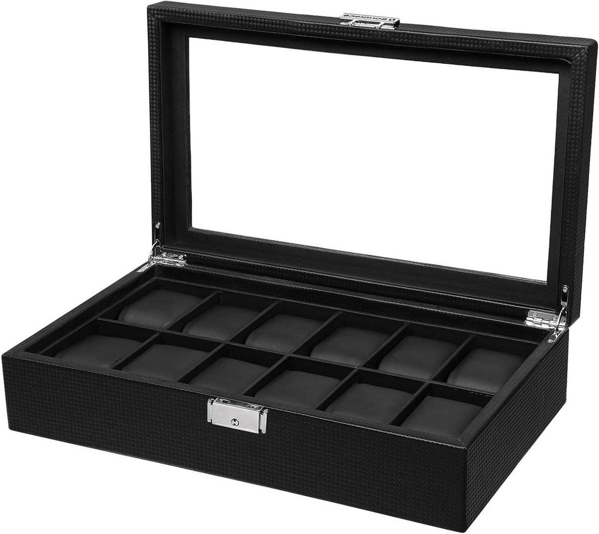 Horlogebox 12 Vakken Groot Glazen Deksel Pu-Deksel Metaal Gesp Zwart 362 x 9 x 213 cm, Geweldig Cadeau Geliefden