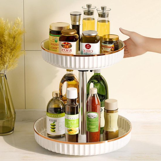 YATINEY Kruidenrek, 2-laags draaibaar organizer, rond draaibaar opbergrek, compacte kruidenhouder met draaiplateau, voor aanrecht, eettafel, kaptafel, kantoor, Wit XSR22WW