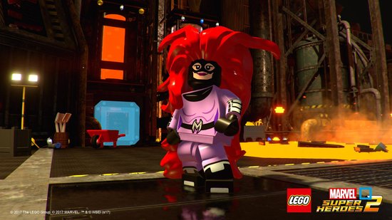 LEGO-figuur met paarse outfit, zwarte masker en grote rode haarpartij.