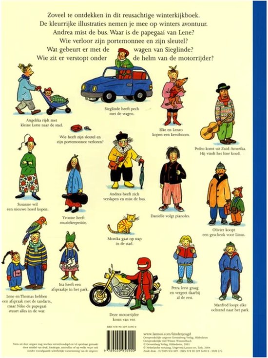 Achterkant boek 'Wat een winter!' met illustraties en beschrijvingen van personages.