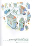 Illustratie van een dorpje met huizen, een bank, auto's en figuren. Bart klimt op een ladder.