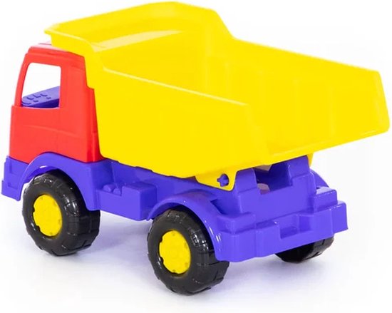 Gele kiepwagen met rode cabine, paarse onderkant en blauwe stoelen. Zwarte wielen met gele doppen.
