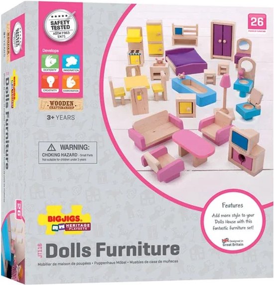 Poppenhuis Meubeltjes - BIGJIGS - Hout - Meubels Poppen - 26-Delig