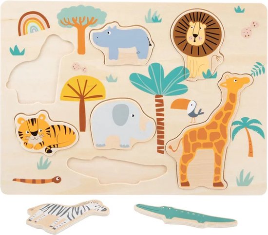 Houten puzzel met safari-thema, waarbij de krokodil en zebra losliggen. De puzzel bevat een leeuw, giraf, olifant, nijlpaard, tijger, slang en regenboog.